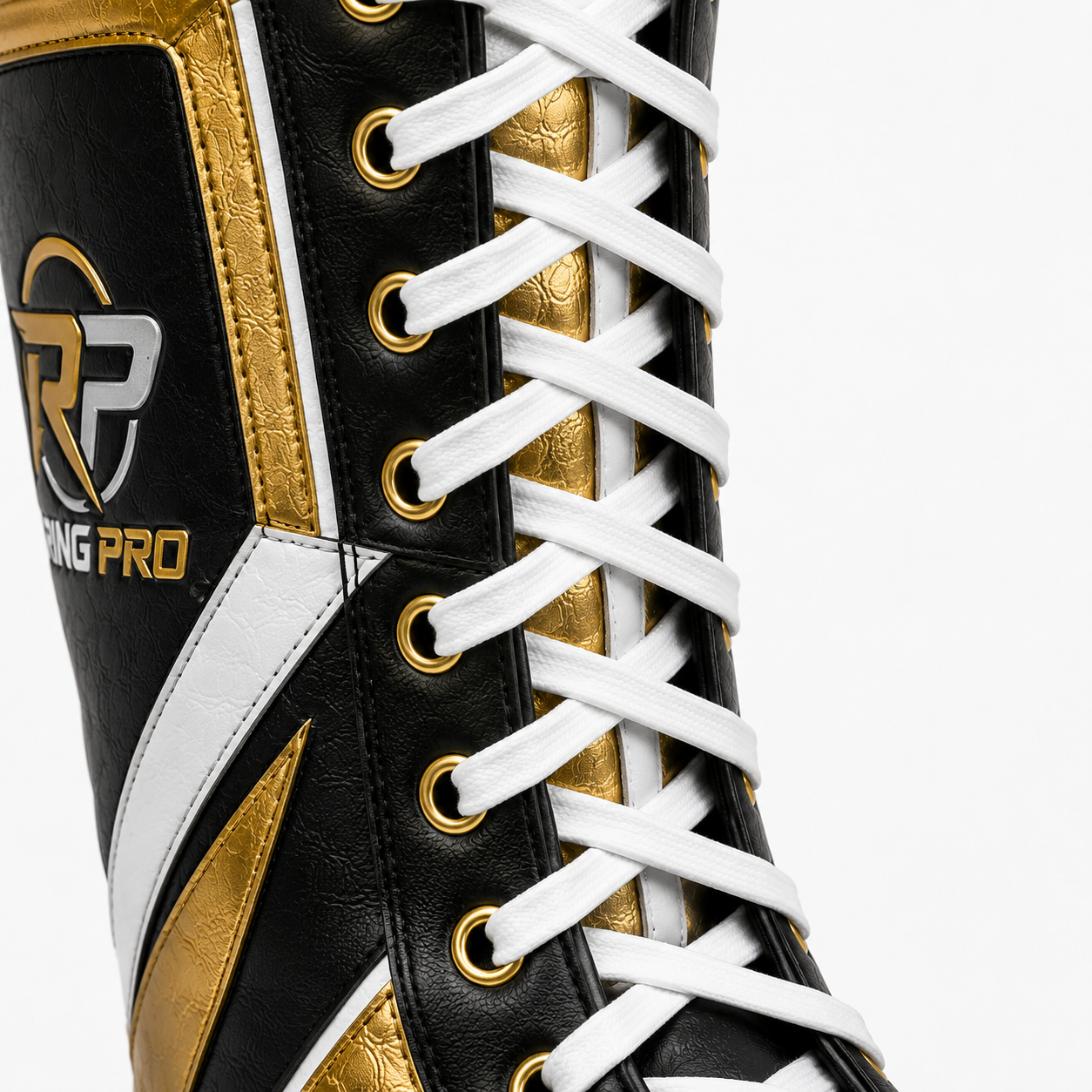 Custom Black Gold White Wrestling Boots – High Top Professional Wrestling Shoes