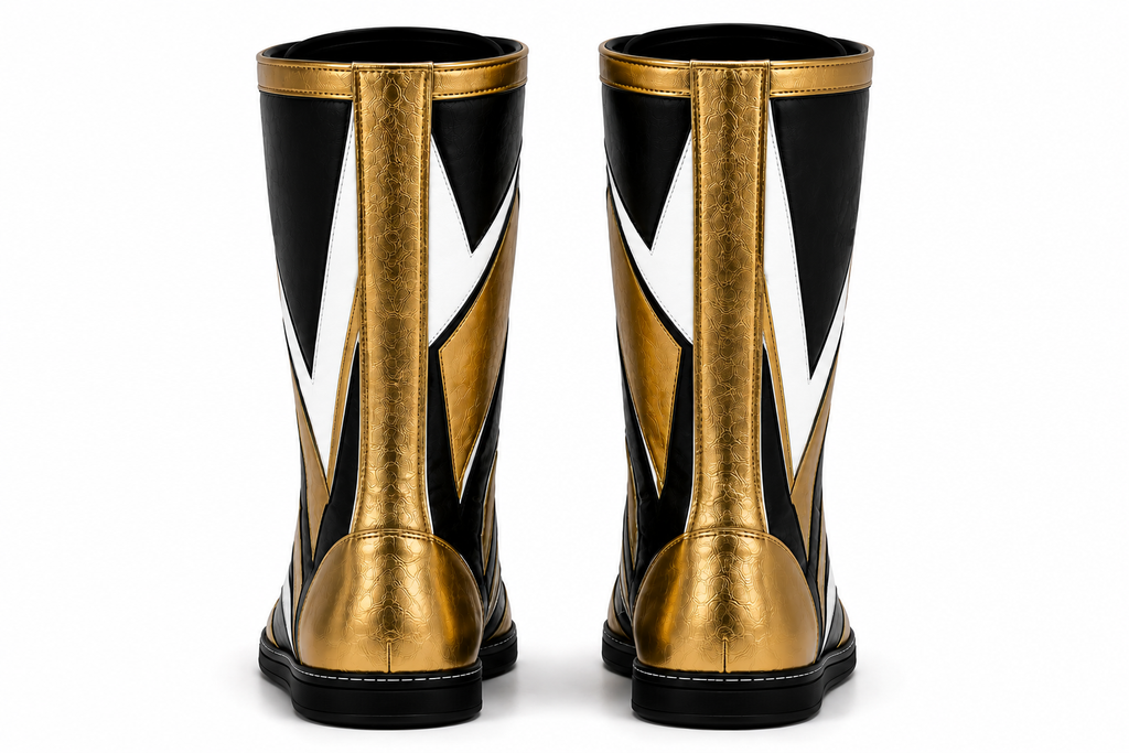 Custom Black Gold White Wrestling Boots – High Top Professional Wrestling Shoes
