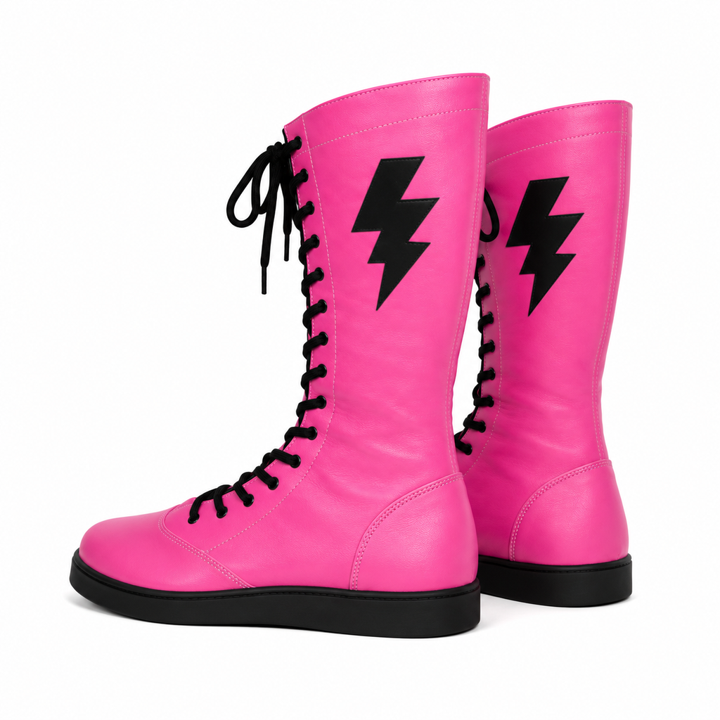 Custom Women Pink & Black Lightning Pro Wrestling Boots – Premium Leather High-Top Ring Boots