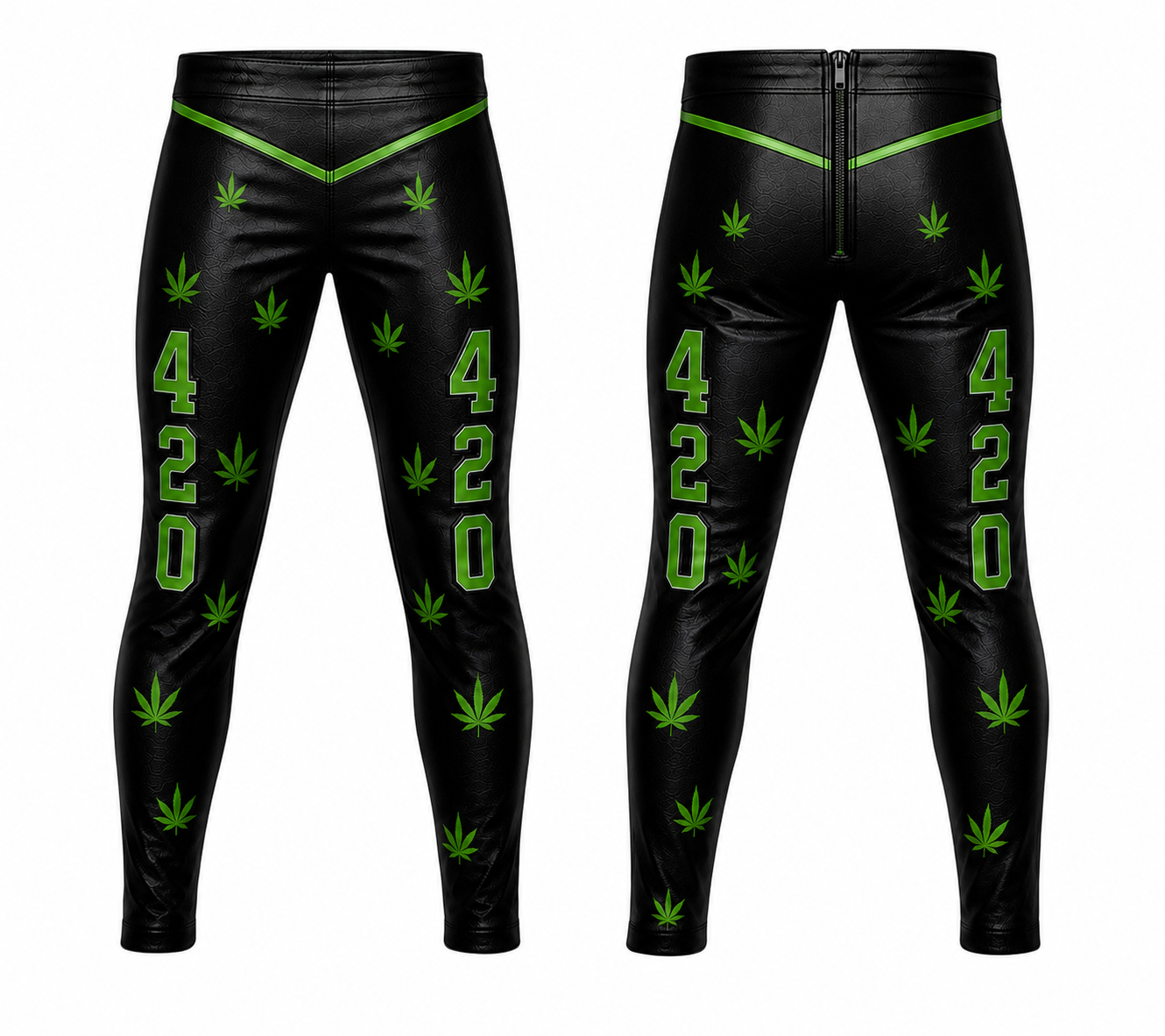 Custom Black & Green Leather Wrestling Pants, 420 Wrestling Tights, Handmade Professional Ring Gear