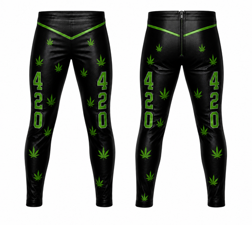 Custom Black & Green Leather Wrestling Pants, 420 Wrestling Tights, Handmade Professional Ring Gear