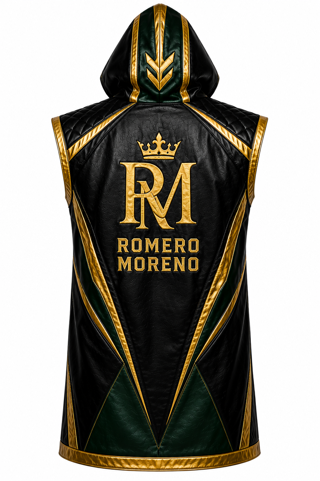 Custom Men’s Leather Hooded Coat – Black, Emerald Green & Gold Statement Performance Jacket