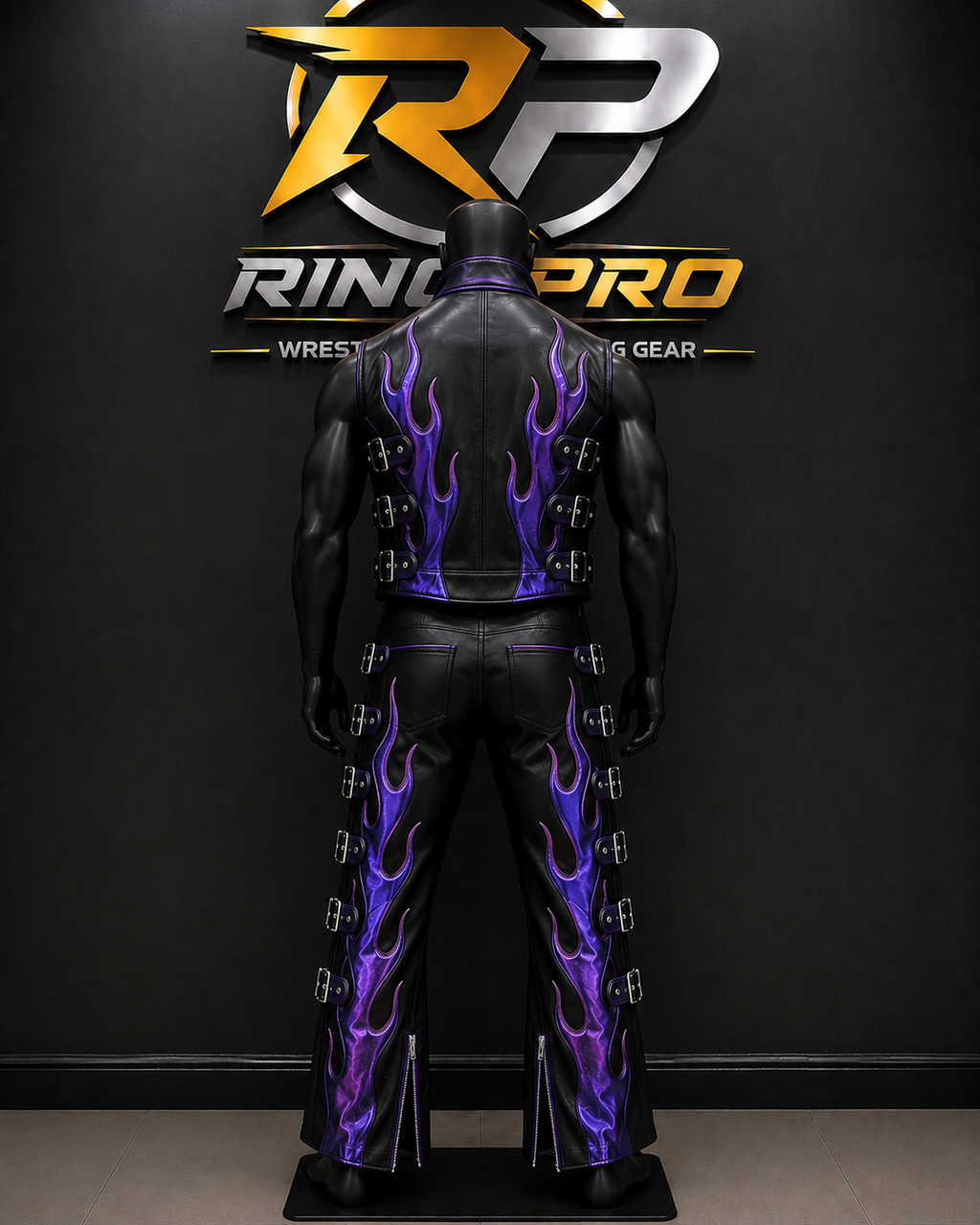 Custom Purple Flame Leather Wrestling Vest & Pants Set | Handmade Pro Wrestling Entrance Gear | Premium Genuine Leather Ring Attire