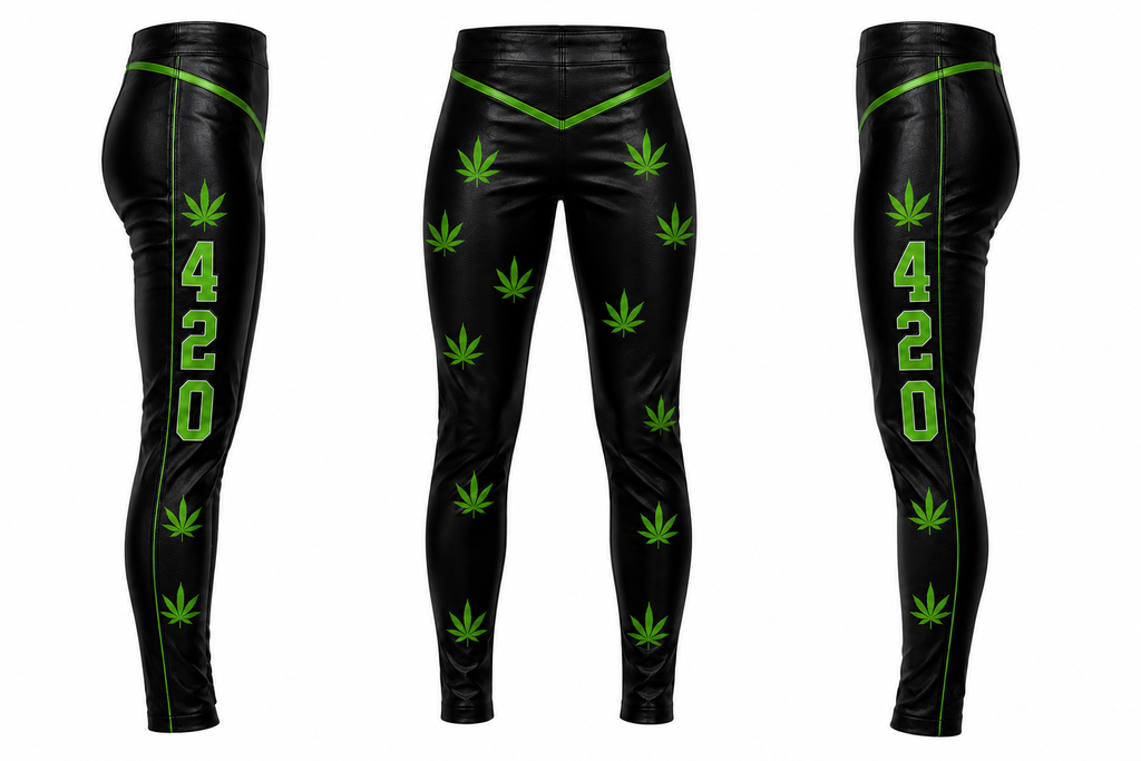 Custom Black & Green Leather Wrestling Pants, 420 Wrestling Tights, Handmade Professional Ring Gear