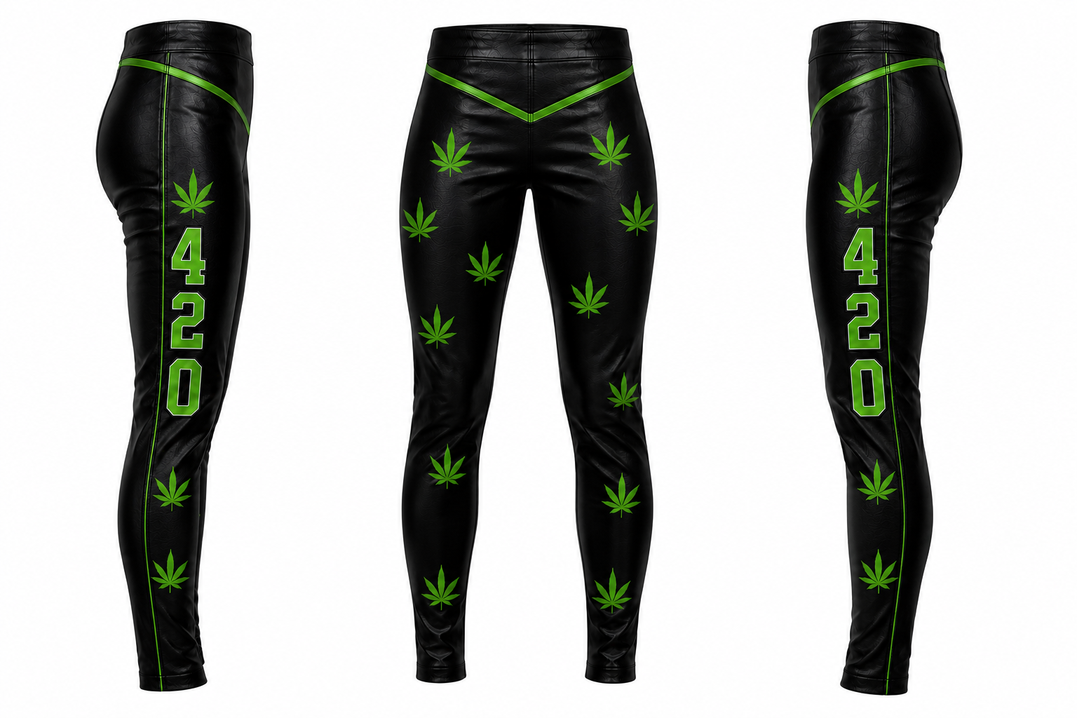 Custom Black & Green Leather Wrestling Pants, 420 Wrestling Tights, Handmade Professional Ring Gear
