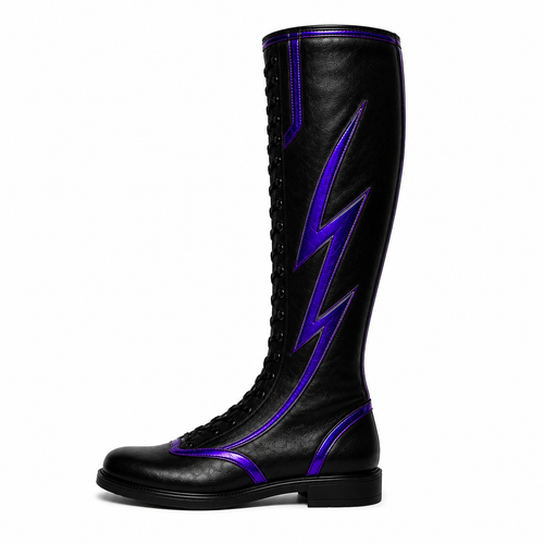 Black & Purple Lightning Pro Wrestling Boots – Premium Leather High-Top Ring Boots