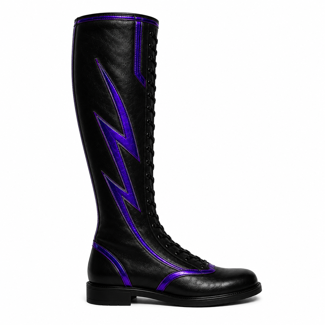 Black & Purple Lightning Pro Wrestling Boots – Premium Leather High-Top Ring Boots