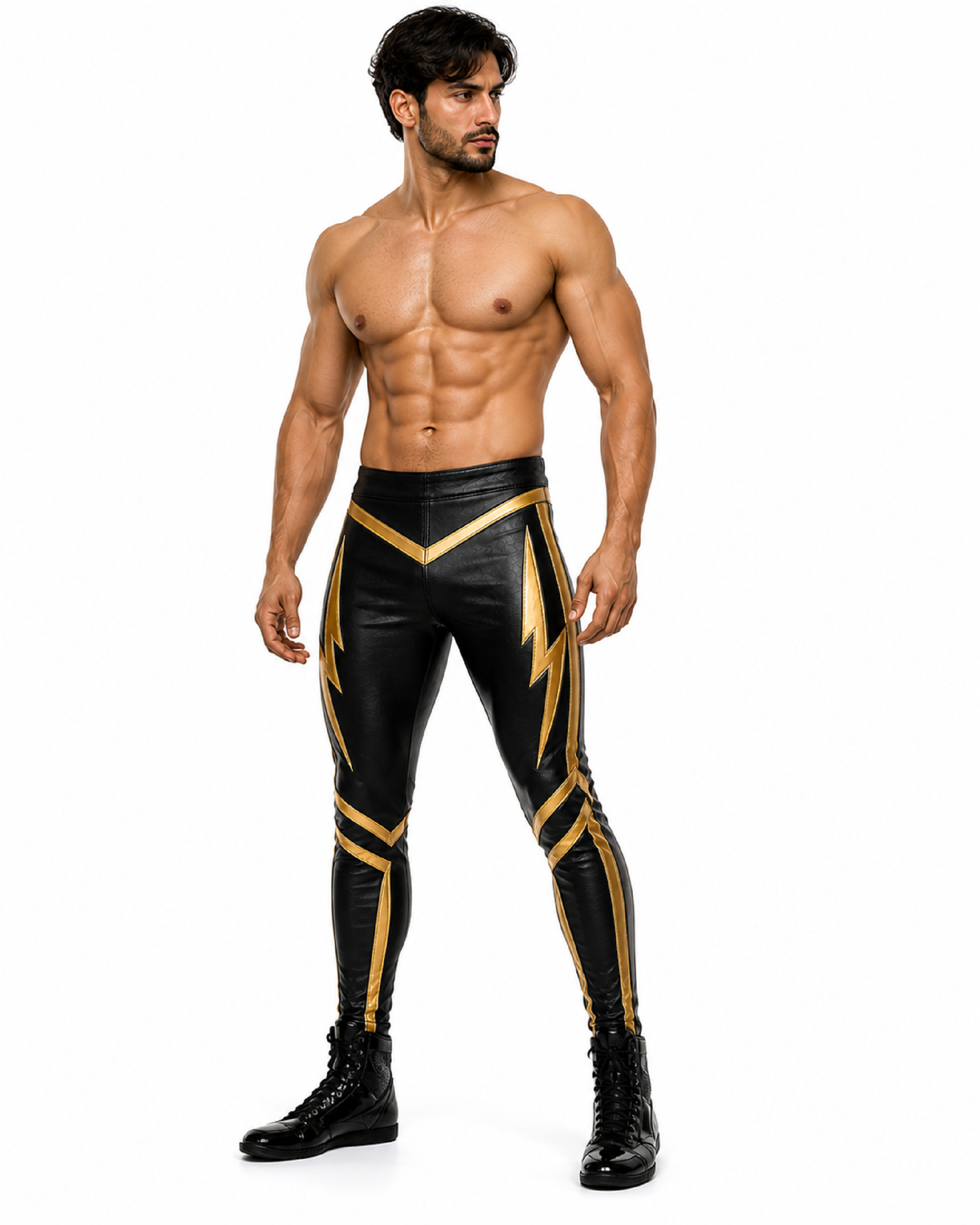Custom Pro Wrestling Tights, Black & Gold Leather Wrestling Pants