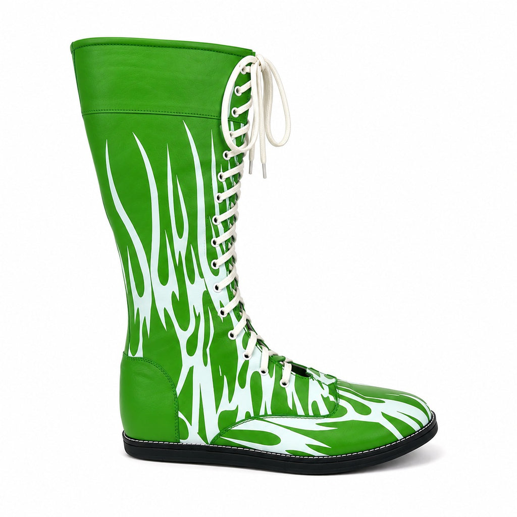 Custom Green & White Flame Wrestling Boots – High Top Wrestling Shoes for Men