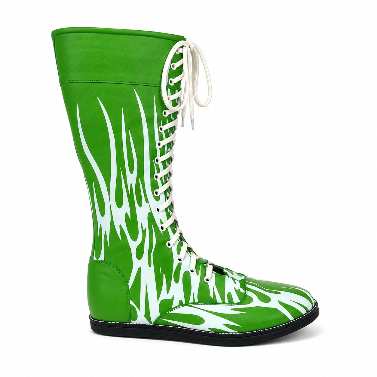 Custom Green & White Flame Wrestling Boots – High Top Wrestling Shoes for Men