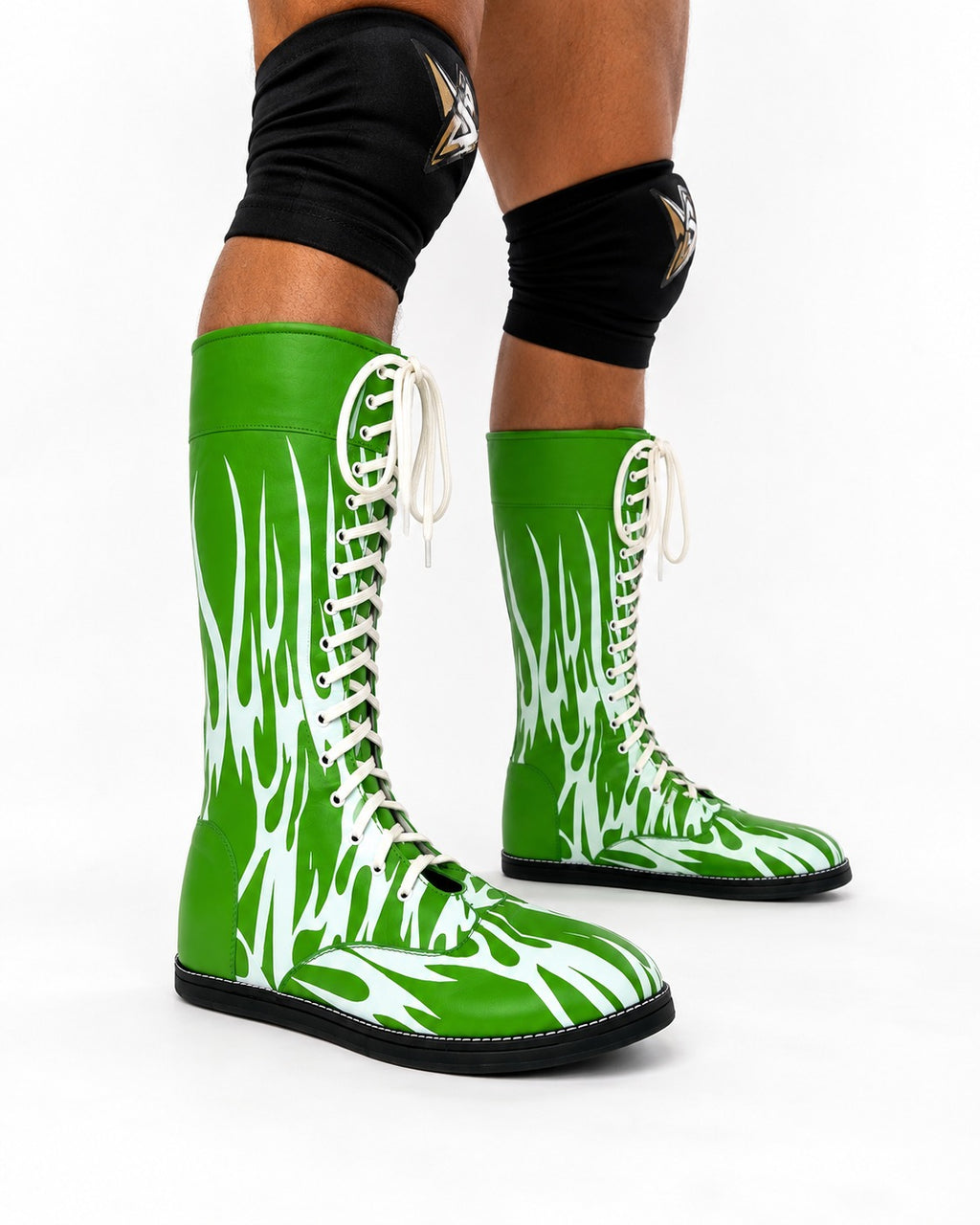 Custom Green & White Flame Wrestling Boots – High Top Wrestling Shoes for Men