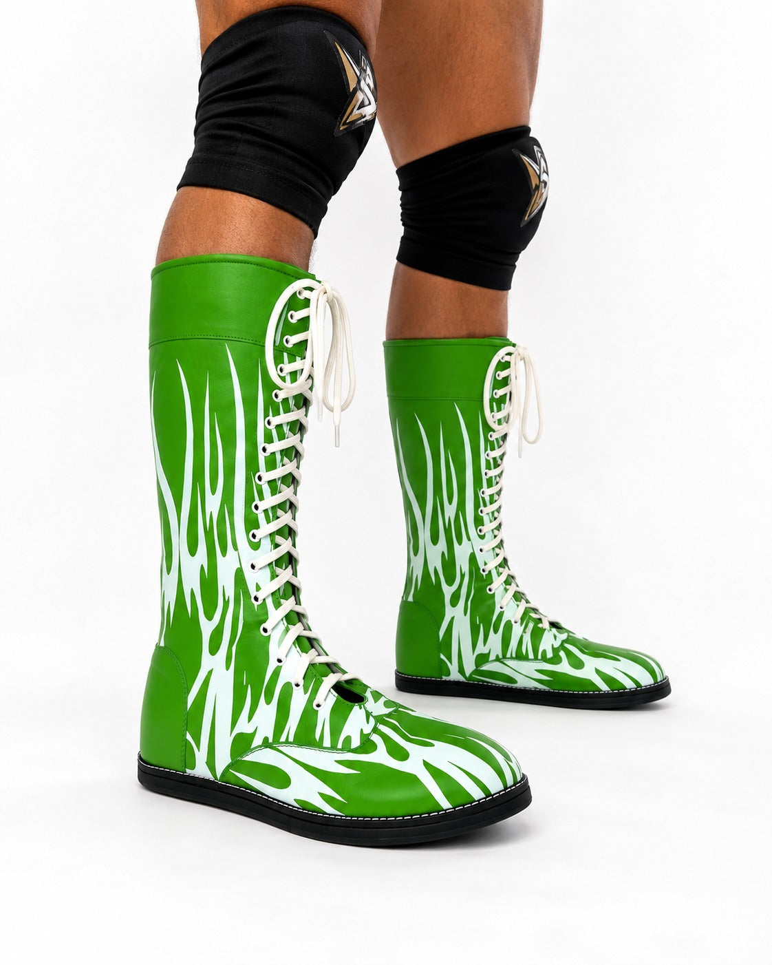 Custom Green & White Flame Wrestling Boots – High Top Wrestling Shoes for Men