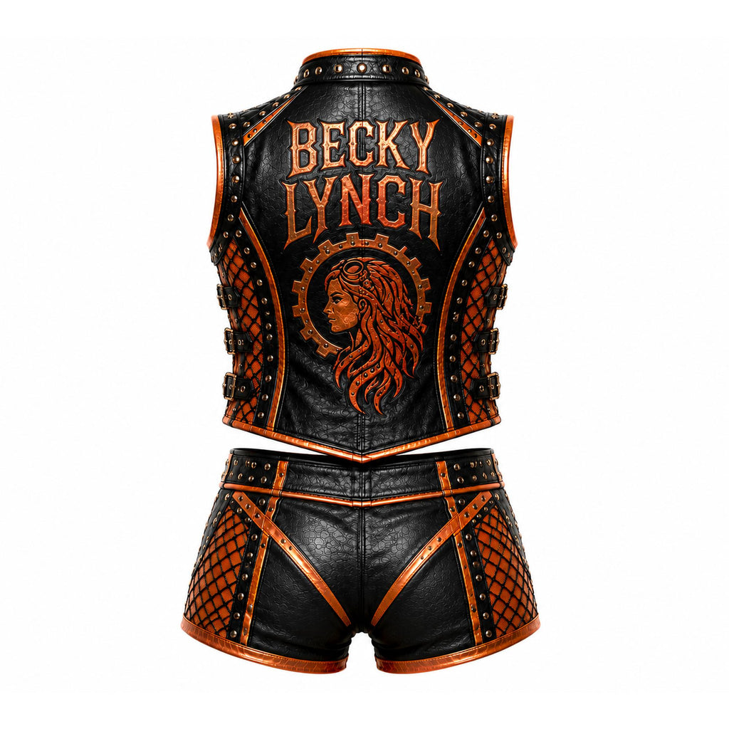 Women’s Black & Orange Leather Wrestling Vest and Shorts Set – Punk Racing Style Outfit