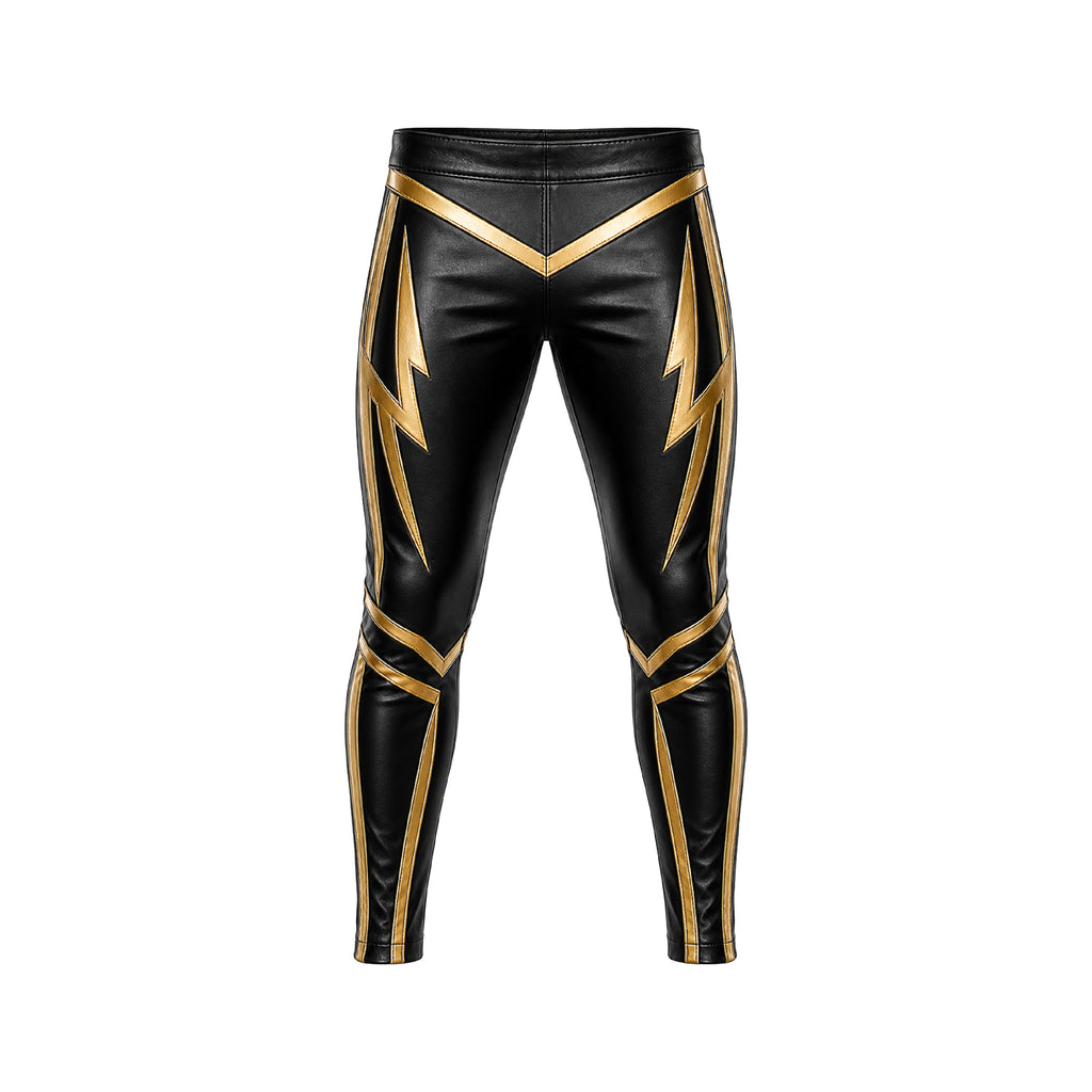 Custom Pro Wrestling Tights, Black & Gold Leather Wrestling Pants