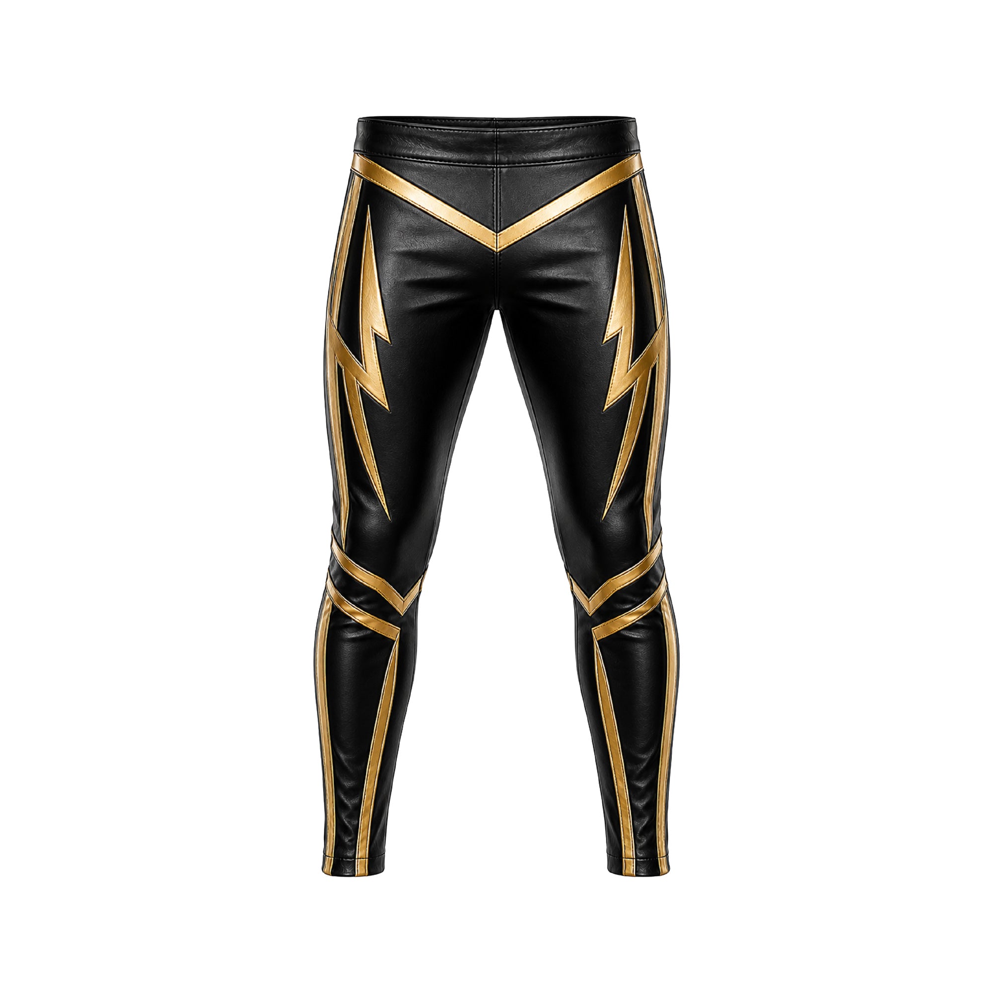 Custom Pro Wrestling Tights, Black & Gold Leather Wrestling Pants