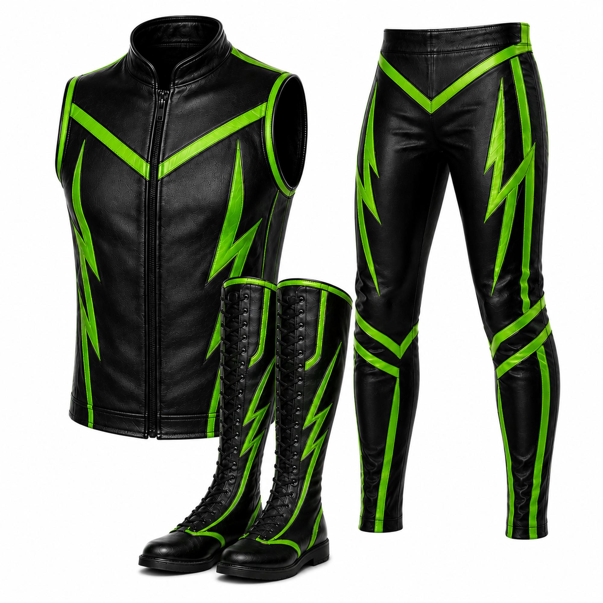 Custom Men’s Black & Neon Green Leather Wrestling Set – Vest, Pants & Boots