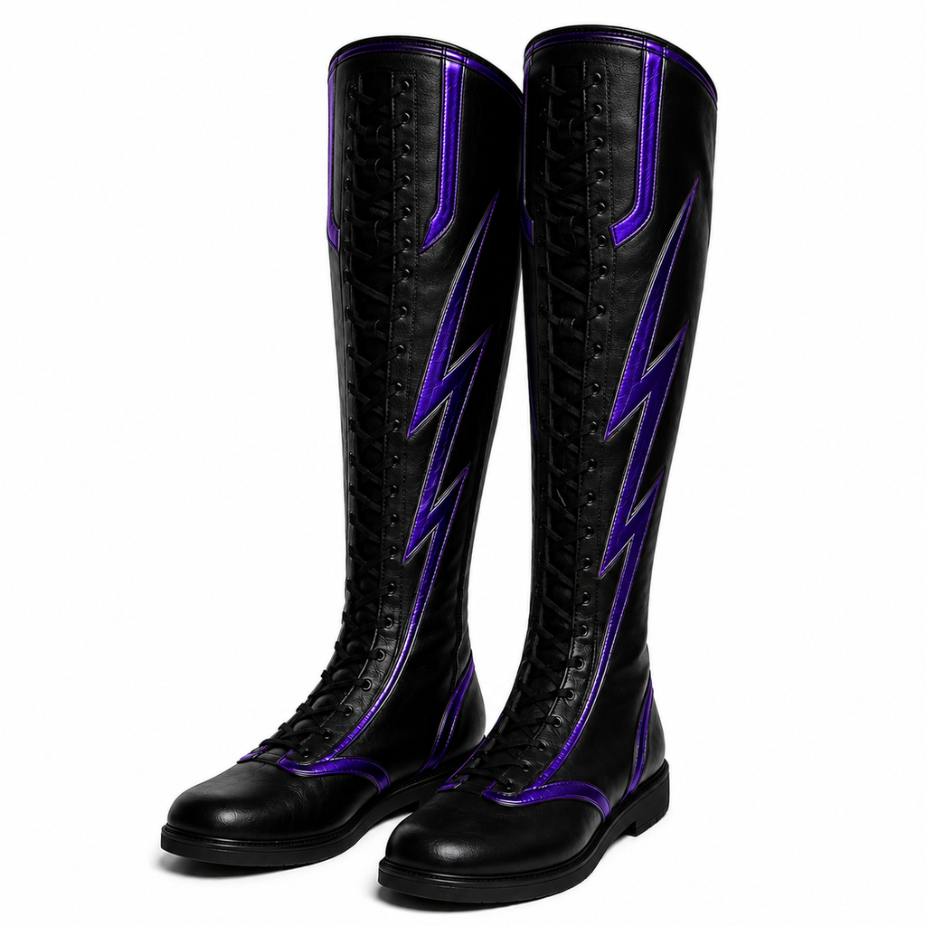 Black & Purple Lightning Pro Wrestling Boots – Premium Leather High-Top Ring Boots