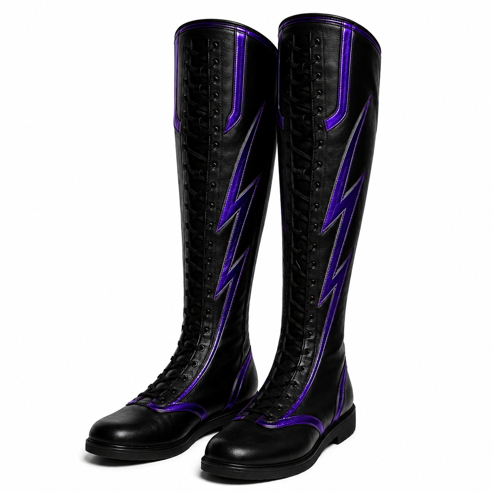 Black & Purple Lightning Pro Wrestling Boots – Premium Leather High-Top Ring Boots