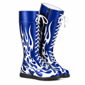Men's Custom Blue & White Flame Pro Wrestling Boots – Premium Leather High-Top Ring Boots
