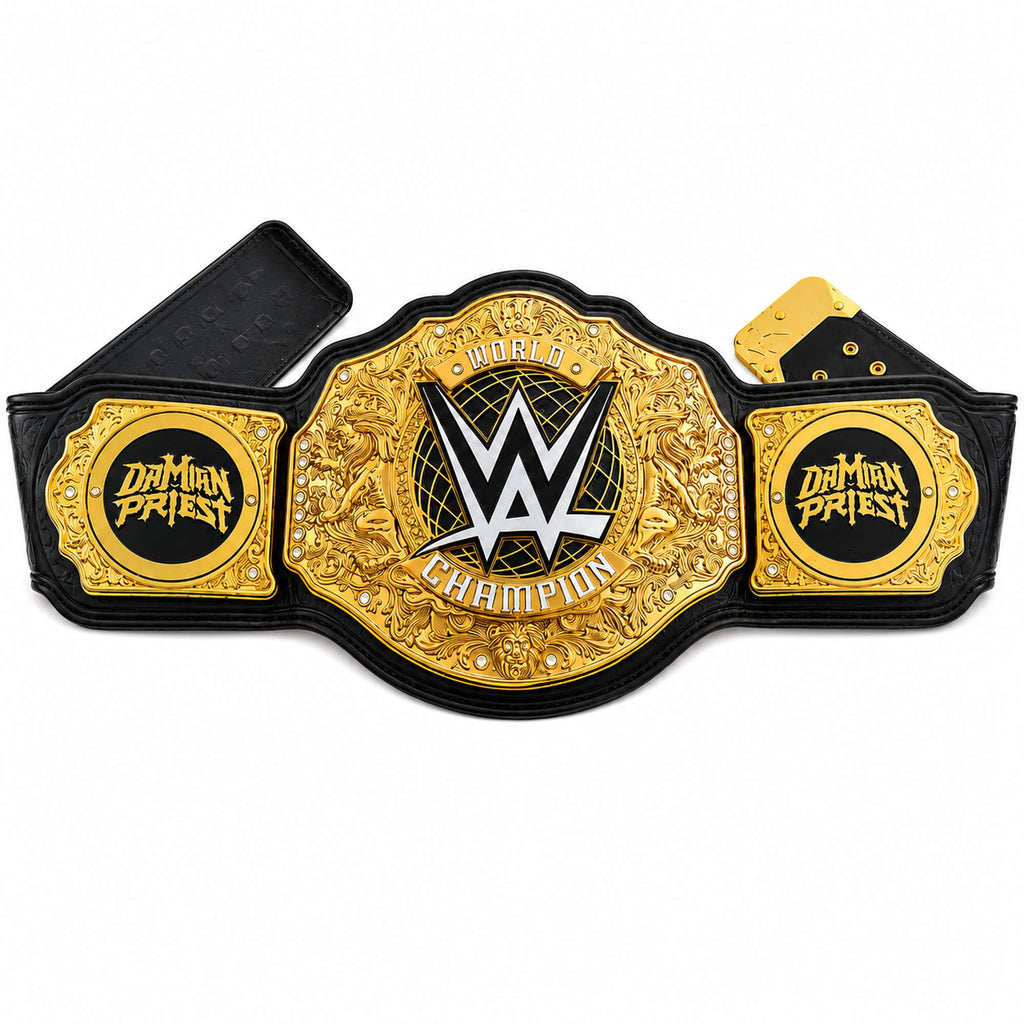 Damien Priest Side Plates On World Heavyweight Championship Belt – Premium Gold Title Belt 2023 Styple