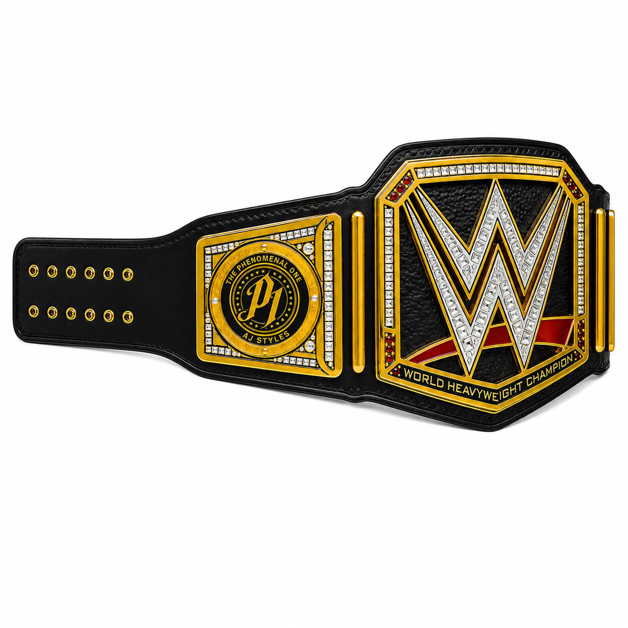 AJ Styple Side Plates on World Heavyweight Championship Wrestling Belt
