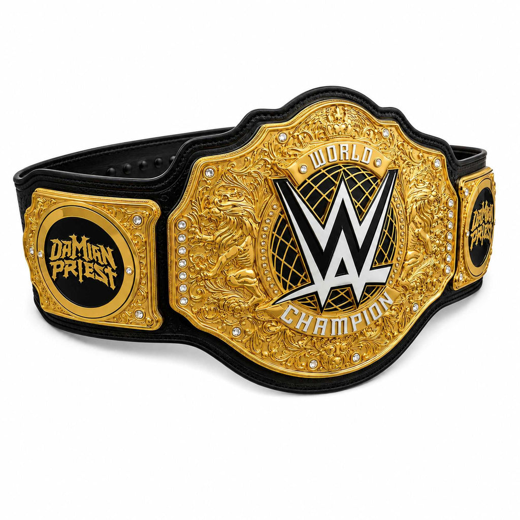 Damien Priest Side Plates On World Heavyweight Championship Belt – Premium Gold Title Belt 2023 Styple