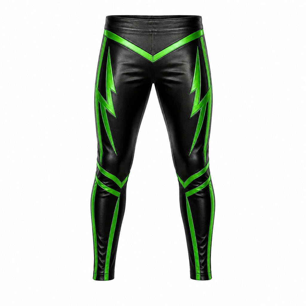 Men's Black & Green Leather Pants – Lightning Bolt Motorcycle & Wrestling Trousers