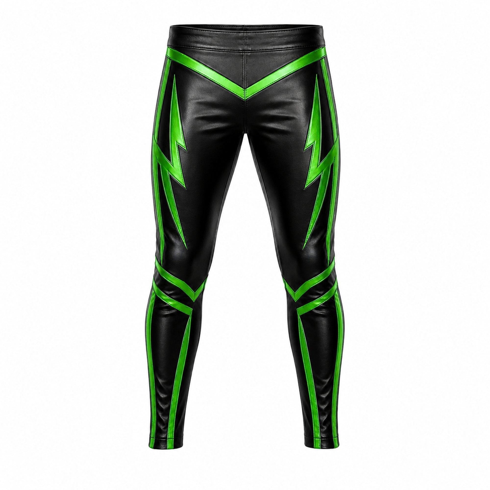 Men's Black & Green Leather Pants – Lightning Bolt Motorcycle & Wrestling Trousers