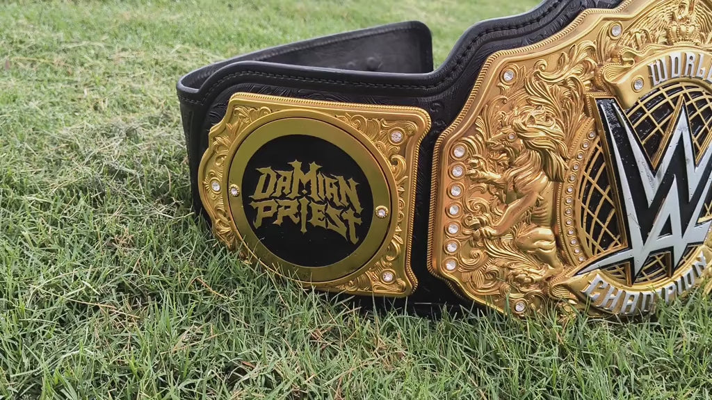 Damien Priest Side Plates On World Heavyweight Championship Belt – Premium Gold Title Belt 2023 Styple