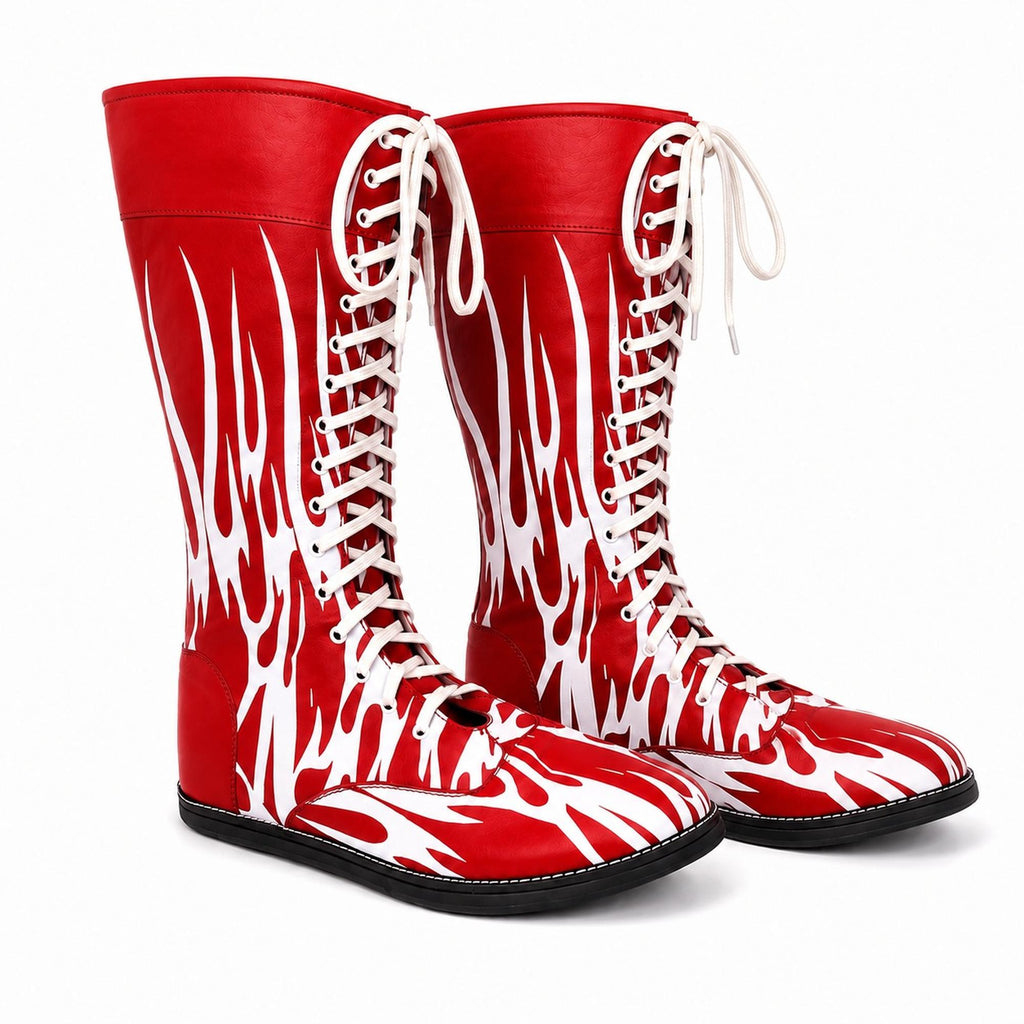 Men’s Red & White Flame Wrestling Boots – High-Top Lace-Up Wrestling Shoes