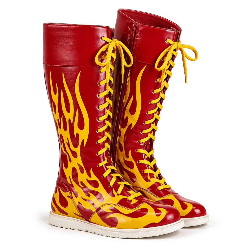 Custom Red & Gold Flame Pro Wrestling Boots – Premium Leather Ring Boots