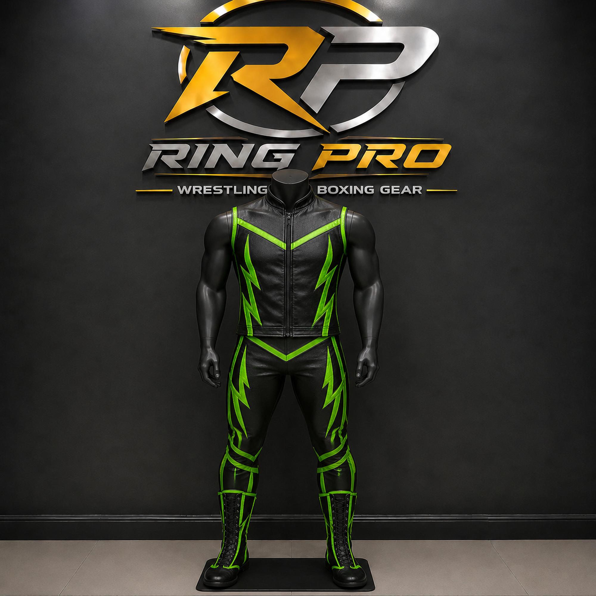 Custom Men’s Black & Neon Green Leather Wrestling Set – Vest, Pants & Boots