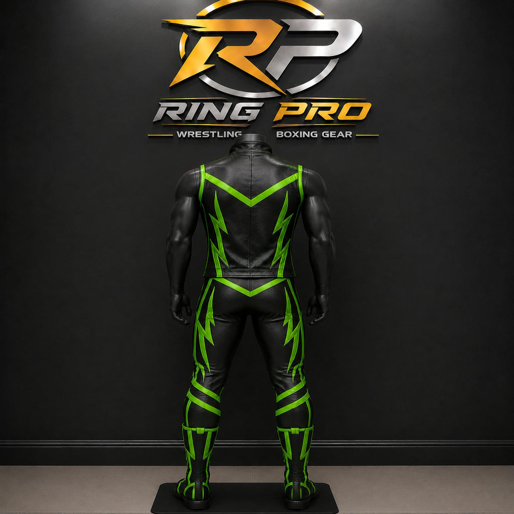 Custom Men’s Black & Neon Green Leather Wrestling Set – Vest, Pants & Boots