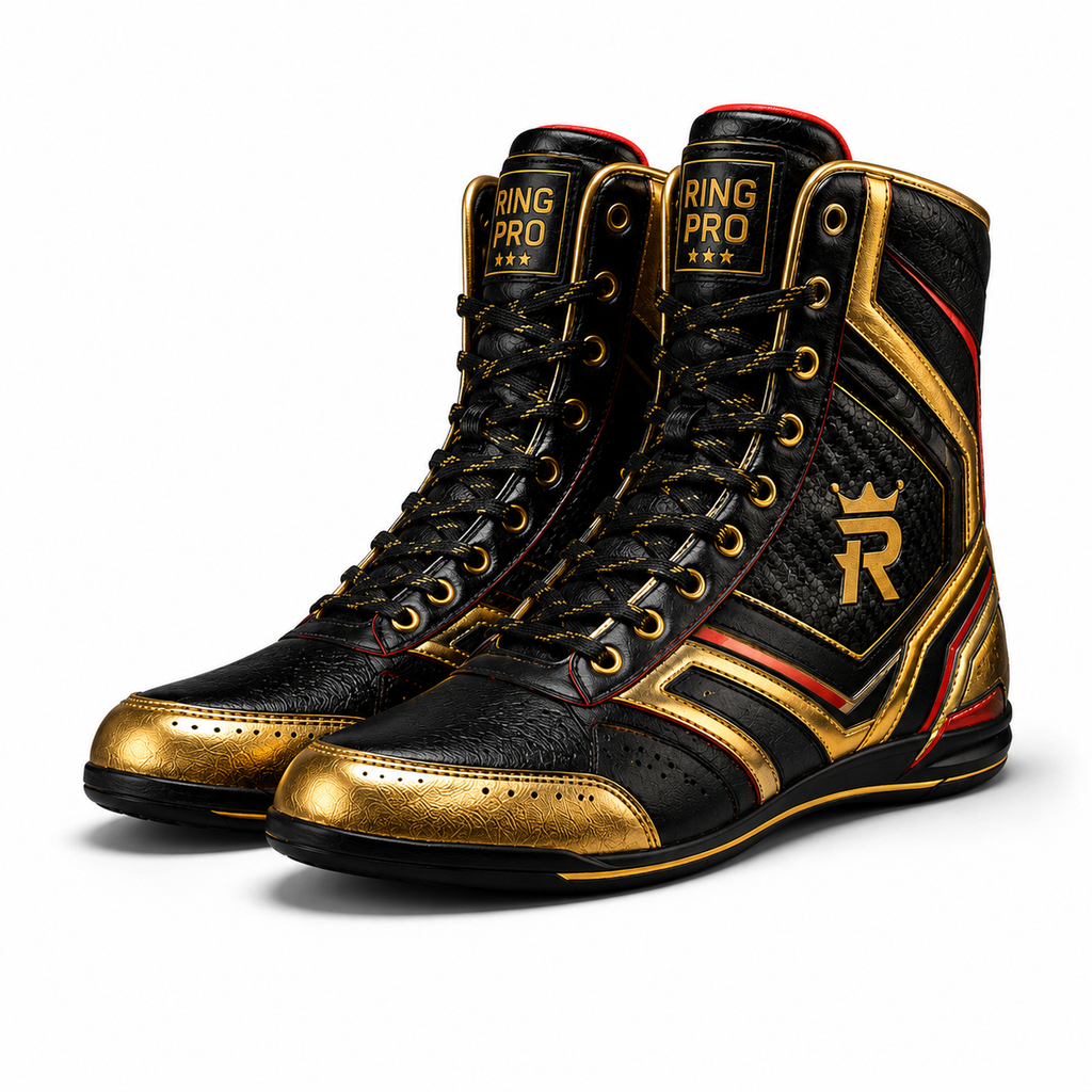 Men’s Boxing Boots, High Top Boxing Shoes, Black Gold Red Professional Fight Boots