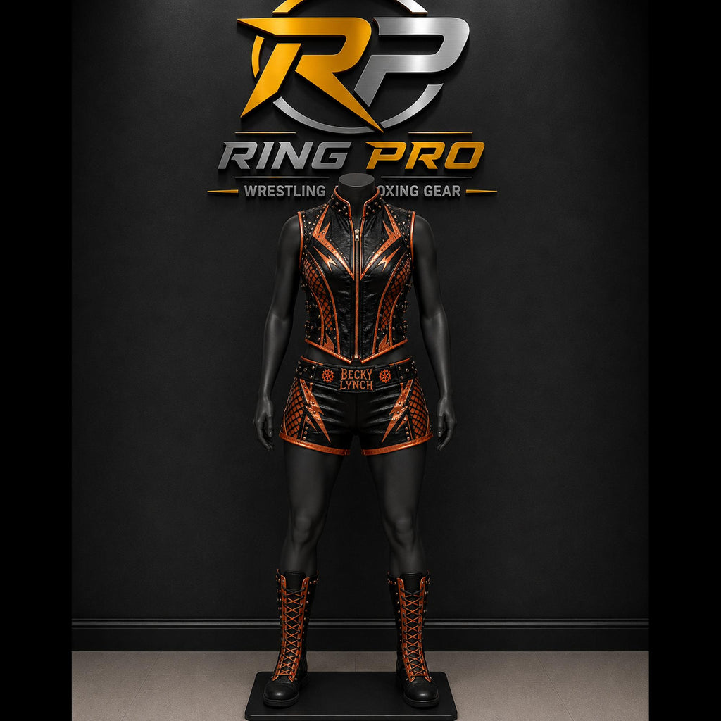 Women’s Black & Orange Leather Wrestling Vest and Shorts Set – Punk Racing Style Outfit