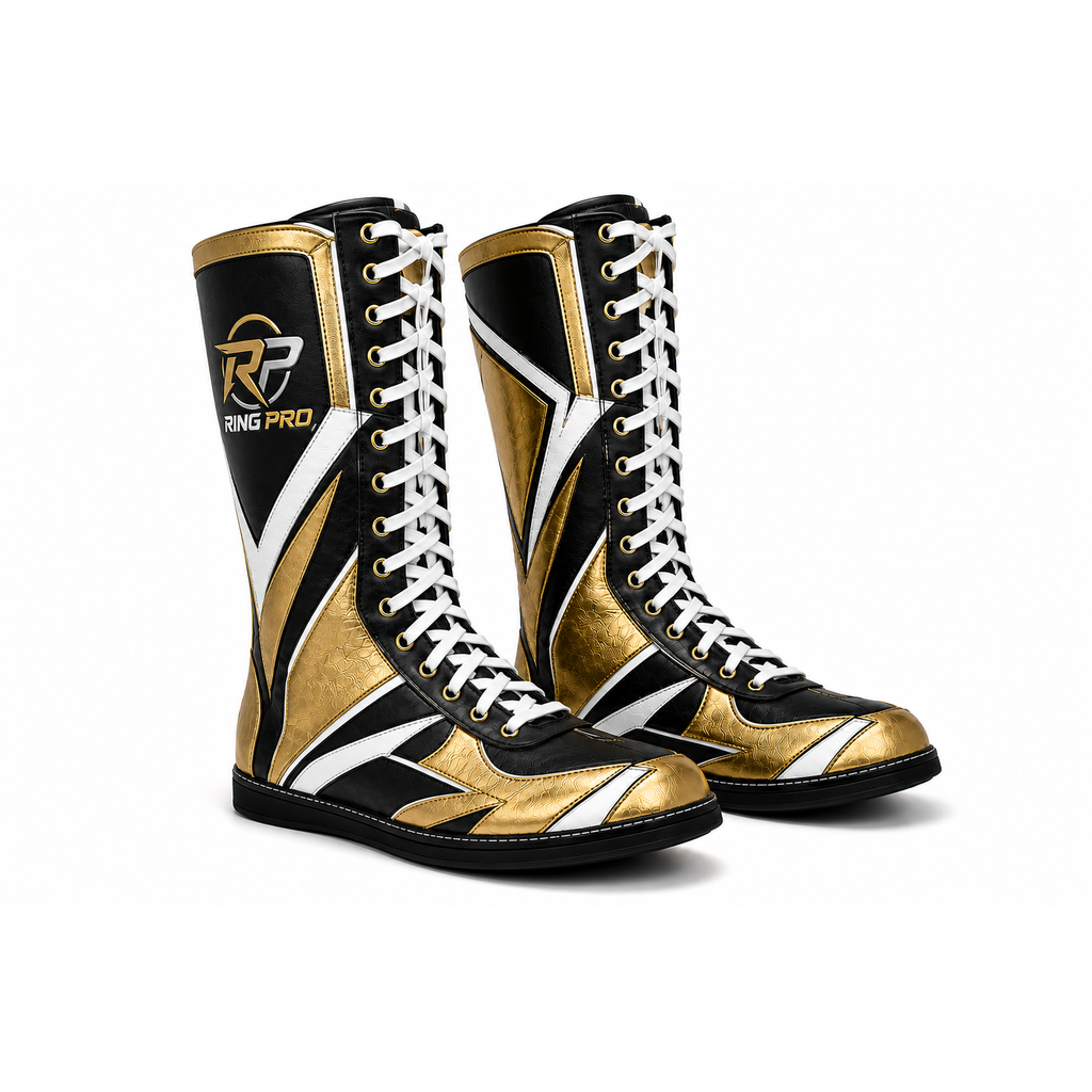 Custom Black Gold White Wrestling Boots – High Top Professional Wrestling Shoes