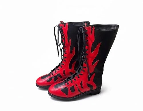 Flame Wrestling Boots – Black & Red Leather Wrestling Boots | High Top Performance Boots