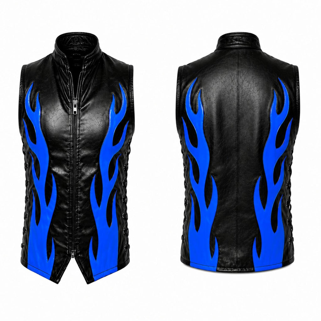 Men’s Black Blue Flame Wrestling Vest, Pro Wrestling Ring Gear