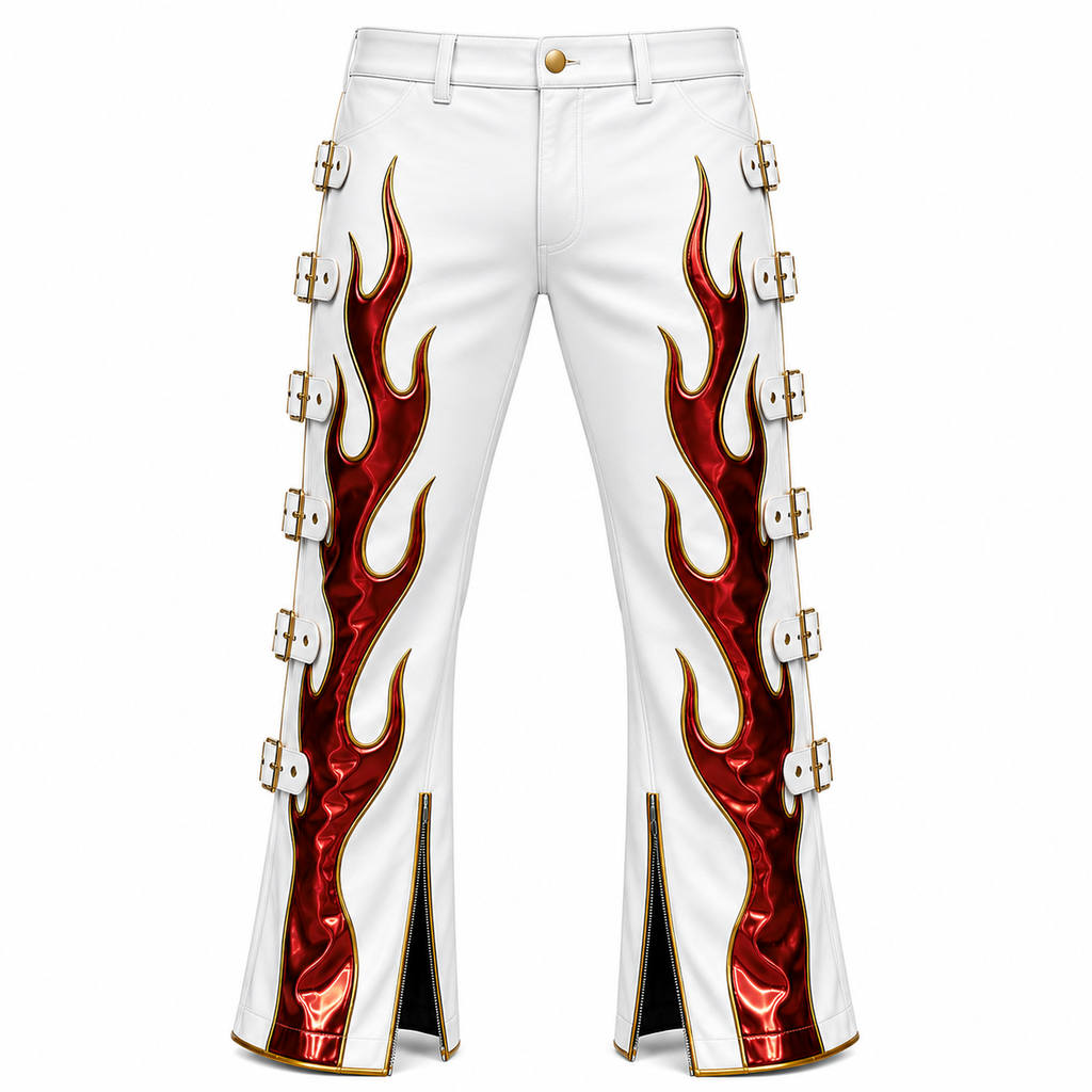 Custom Pro Wrestling White & Red Flame Leather Pants