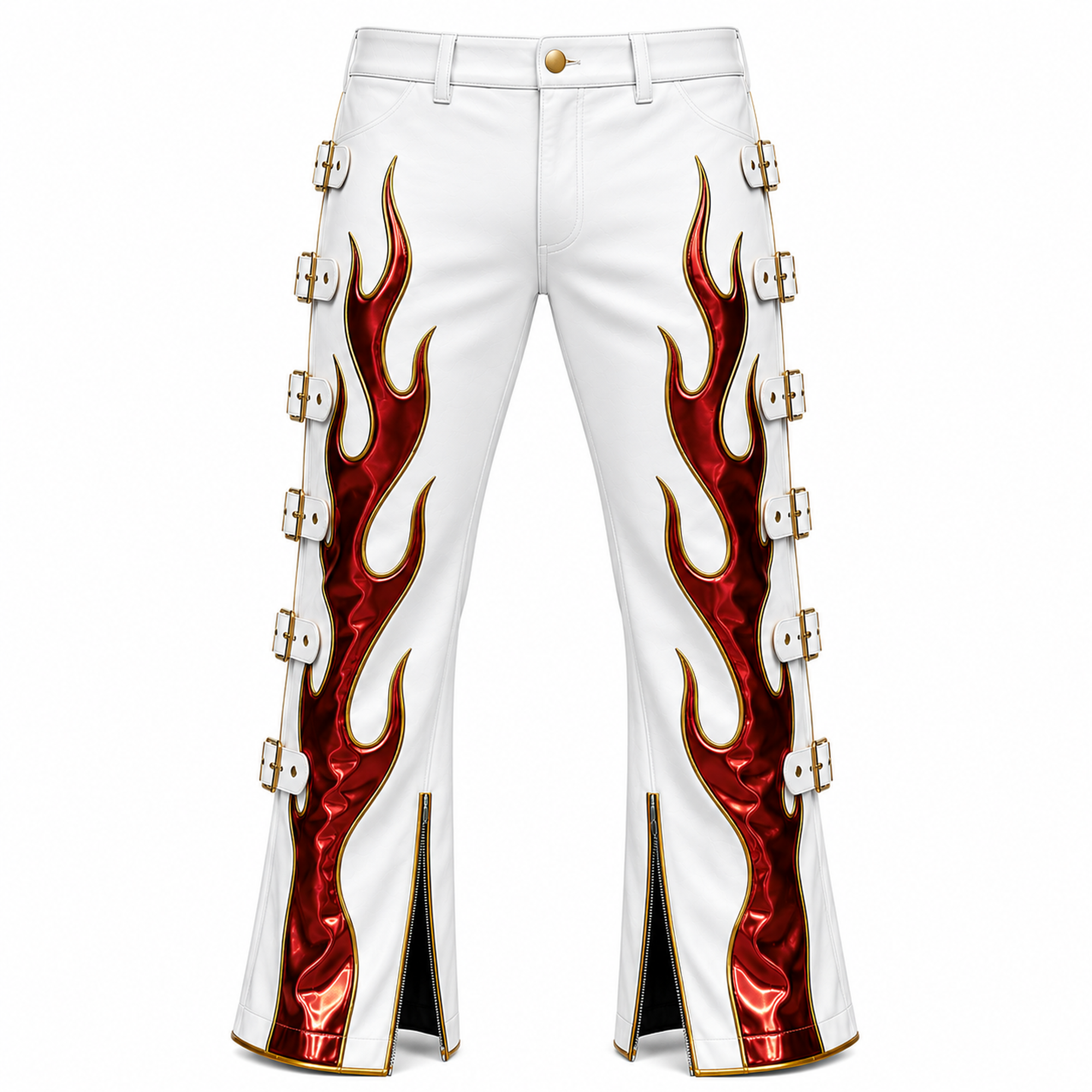 Custom Pro Wrestling White & Red Flame Leather Pants