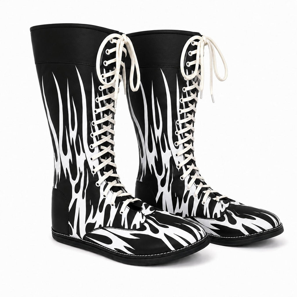 Men’s Black & White Flame Wrestling Boots – High-Top Lace-Up Wrestling Shoes