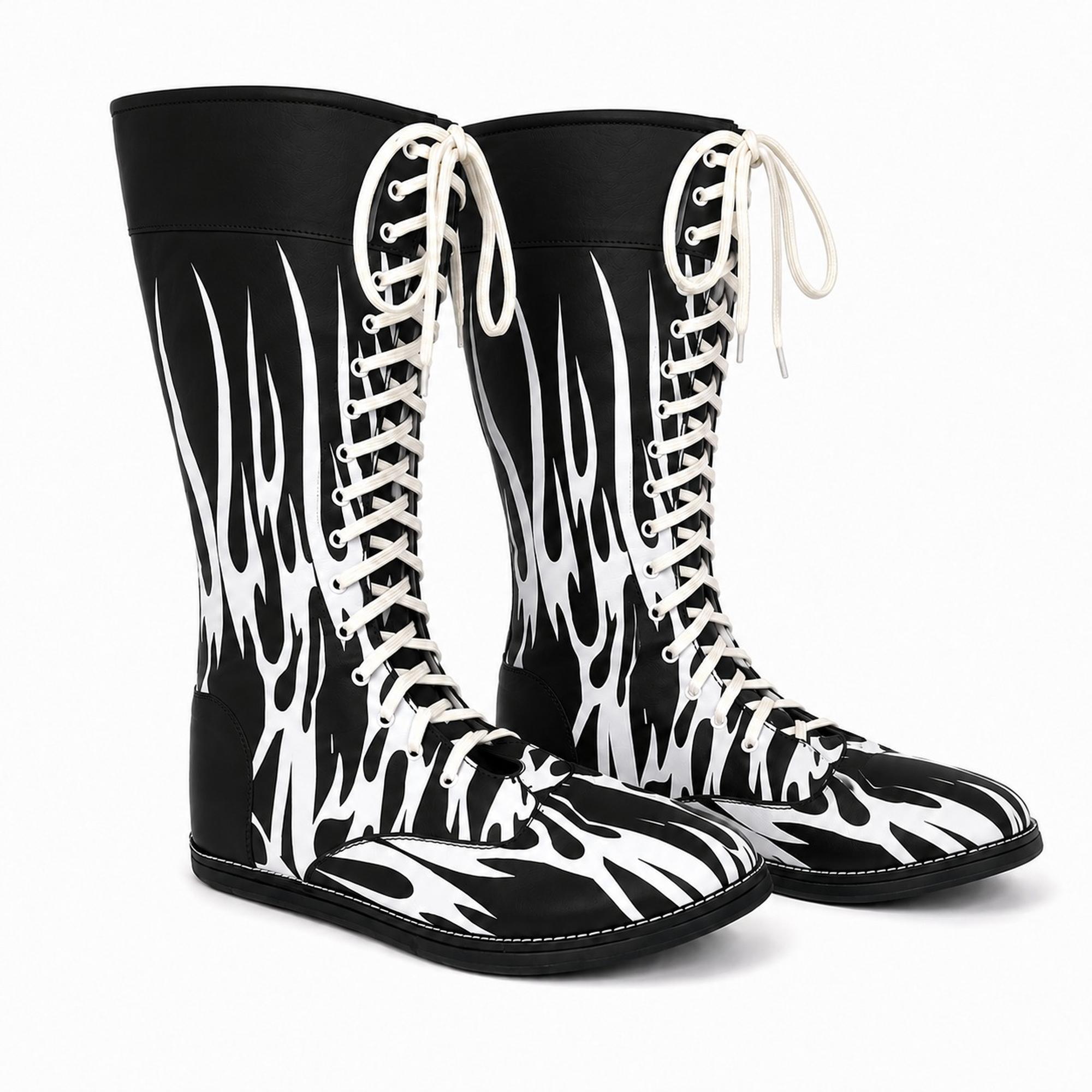 Men’s Black & White Flame Wrestling Boots – High-Top Lace-Up Wrestling Shoes