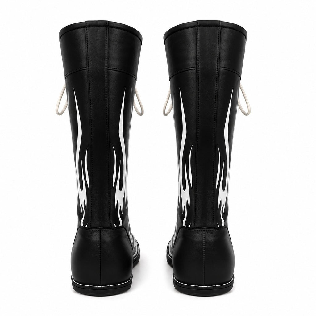 Men’s Black & White Flame Wrestling Boots – High-Top Lace-Up Wrestling Shoes