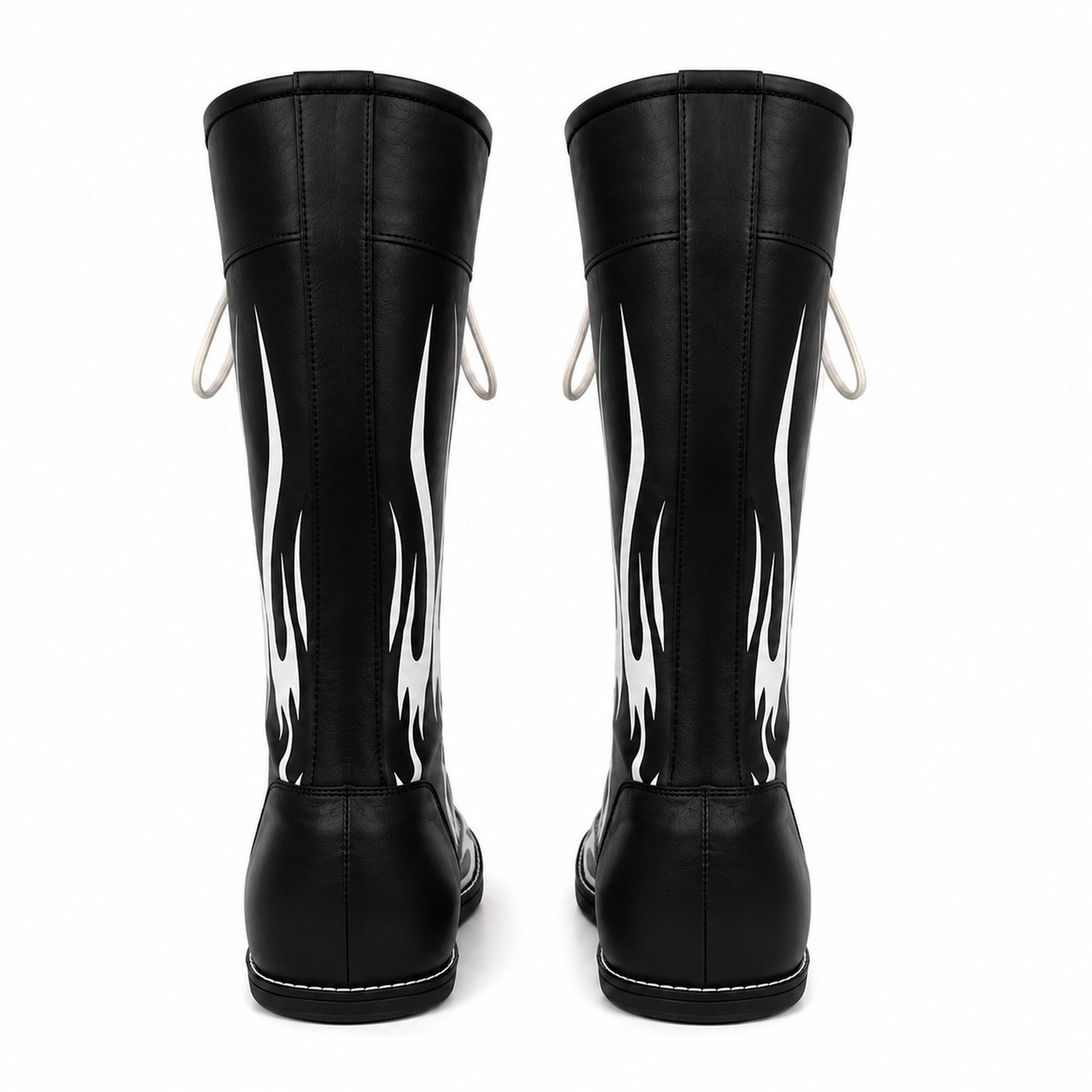 Men’s Black & White Flame Wrestling Boots – High-Top Lace-Up Wrestling Shoes